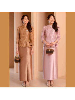 kudapy ชุดไปงานแต่งสีชมพูโรสโกลด์ เสื้อลูกไ้มฝรั่งเศษอย่างดี มีซับในซิบหลัง กับผ้าถุงสีเดียวกัน ใส่คู่นี้เกิดมากค่าแม่