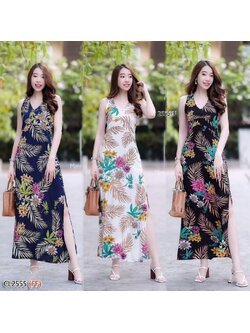 kudapy เดรสยาวสีขาว/สีดำๅสีกรม ลายใบมะพร้าว ผ้าสปันนิ่มๆคอวี ดีเทลด้านหลังไขว้น่ารักมาก