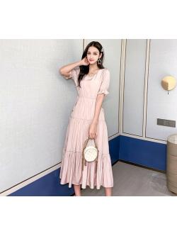 ชุดเดรสยาวสีชมพูนู้ด ผ้าเงาสวย ผ้าโพลีเอสเตอร์ผสม