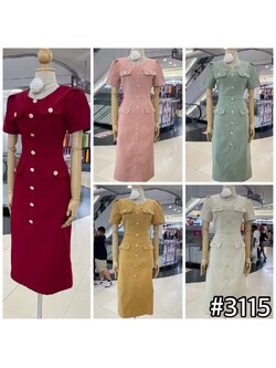 kudapy เดรสสั้นออกงาน เดรสแขนสั้น คอกลม แต่งกระดุมมุกทอง เดรสผ้าวูล ผ้าหนา