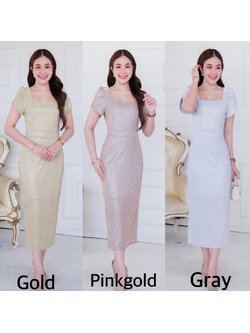 kudapy เดรสยาวสีชมพู/สีทอง/สีเงิน ออกงานคอเหลี่ยม ดีเทลแขนสั้น ทรงซ้อนกลีบดอกไม้ ทรงสวยเรียบหรู