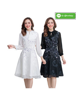 kudapy เดรสสั้นแขนยาวสไตล์ญี่ปุ่น สีดำ/สีขาว พิมพ์ลายกาแล็กซีดาว แต่งผ้าชีฟองด้านนอก พิ้วทิ้งตัวทรงสวยมาก
