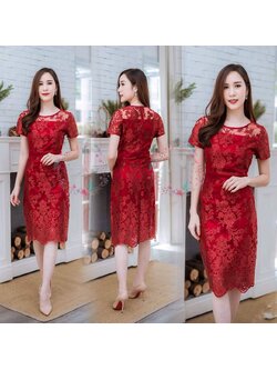 kudapy เดรสสั้นไปงานลูกไม้คอกลมช่วงบนแต่งซีทรูสีแดงสด ซับในซาตินอย่างดี เดรสใส่ออกงาน แขนสั้น ผ้าลูกไม้ปักเลื่อม