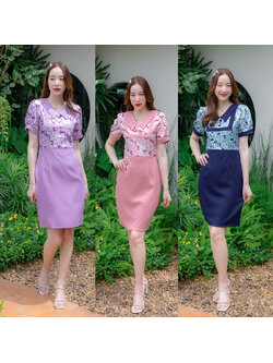 kudapy เดรสสั้นสีชมพู/สีกรม/สีม่วง กระโปรงสีพื้นคอปกเสื้อลายดอกแต่งกระดุม 3 ชิ้น