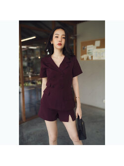 kudapy เสื้อสูท+ขาสั้นสีแดง/สีน้ำตาล ผ้าเนื้อดีรีดอัดกาว ซับในทั้งตัว ซิปหลัง