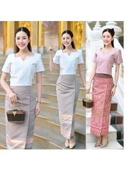 kudapy ชุดเซ็ท เสื้อผ้าไหมแพรทิพย์+ ผ้าถุงสำเร็จทอลายอัดกาวอบน้ำยาเอวสูง