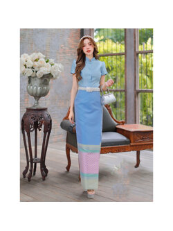 kudapy ชุดไทยสีฟ้าเสื้อ+ผ้าถุงทอลาย ชุดไทยจิตรลดาแขนสั้นสีฟ้าชุดไทยวันแม่ ชุดไปวันแม่ รีบจองเลยนะคะก่อนหมดจร้า