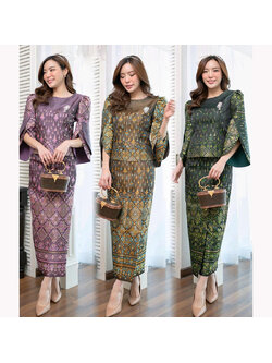 kudapy ชุดเซ็ทเสื้อลูกไม้ ผ้าไหมลายแพรวาสวยสะพรึงทั้ง สีม่วง/สีทอง/สีเขียว มาพร้อมกับผ้าถุงขนาดเรียง เอวสูงเพื่อทรงที่สวยงาม