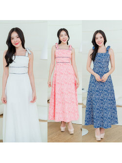 kudapy เดรสยาวสีชมพู/สีขาว/สีกรม สายเดี่ยวผูกโบว์ดูดีน่ารักใส่ออกงานปาตี้สวย