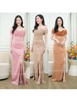 kudapy เดรสยาวสีโอวันติน/สีน้ำตาลอิฐ/สีชมพู ชุดราตรีคอถ่วงปาดไหล่มุ้ง งานซับในทั้งชุด