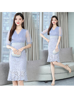 kudapy เดรสสั้นสีฟ้าอมเทา แขนสั้น ปลายแขนเสื้อจั๊ม สีสวยเก๋มากค่ะ สีสวยไม่ซ้ำใคร