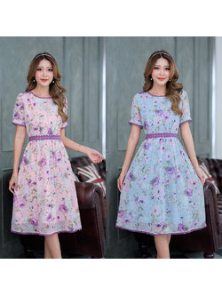 kudapy เดรสสั้นสีโทนชมพูม่วง/สีโทนฟ้าม่วง ผ้าชีฟองลายหวานงานผ้าพริ้วใส่สบาย ลำลองได้เที่ยวได้ สวยนุ่มลายสวย มีดีเทลแต่งลูกไม้คาดทั้งชุด