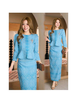 kudapy ชุดเซ็ทสีฟ้า ผ้าฝ้ายเอวระบายงดงามในความเป็นไทย อัดกาวอย่างดี เสื้อทรงเอวระบาย