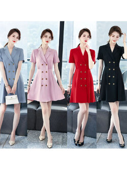 kudapy เดรสแขนสั้น คอปก ผ้าไม่บาง สีเทา สีแดง สีดำ และสีชมพู เหมาะสำหรับใส่ทำงาน หรือใช้เป็นชุดยูนิฟอร์มบริษัท