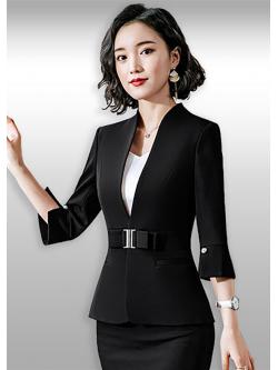 เสื้อสูทแฟชั่นสีดำเสื้อสูทไม่มีปกแขนสามส่วนแต่งมุกให้ดูหรู