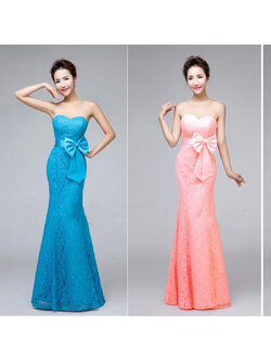 kudapyเดรสยาวสีฟ้าเข้ม/สีโอรส เกาะอก ลูกไม้ ทรงหางปลา คอเว้าหัวใจ