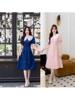 kudapy เดรสสั้นสีชมพู/สีกรม คอปกลูกไม้ปักเพชร