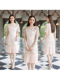 kudapy เดรสสั้นสีชมพูอ่อน เดรสออกงาน ผ้าลูกไม้ลายสวยกระโปรงจับจีบ ใส่สบาย