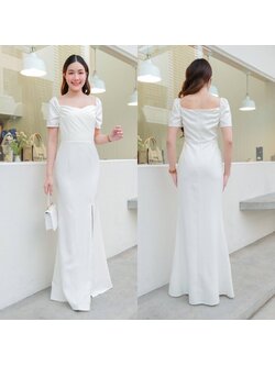 kudapy เดรสยาวสีขาว แขนสั้นจีบทิวลิป ใส่ได้สองแบบ เปิดบ่า แขนสั้นคอเหลี่ยม กระโปรงหางปลาผ่าหน้า