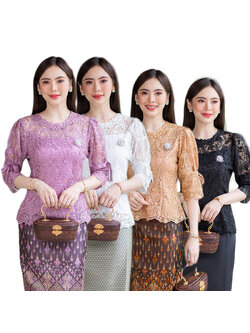 kudapy เสื้อสีดำ/สีทอง/สีม่วง/สีขาว ใช้ผ้าลูกไม้เนื้อนิ่มลวดลายสวยงาม แพทเทิลชุดทรงสวยตามแบบ ช่วงตัวเสื้อตกแต่งระบายทั้งด้านหน้าและด้านหลัง