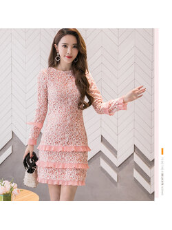 kudapy เดรสสั้นแขนยาวสีชมพูโอรส ผ้าลูกไม้เนื้อนิ่มใส่ออกงาน