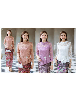 kudapy เสื้อผ้าลูกไม้สีขาว/สีม่วง/สีน้ำตาล มีซิปหลังสวมใส่ง่าย+ผ้าถุงงานทอลายละเอียดทั้งตัว