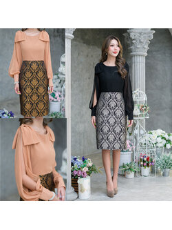 kudapy เดรสสั้นคอกลมแขนชีฟองสีดำ,สีน้ำตาลส้มอิฐ งานผ้าตัดต่อ 2 ชนิดผสมผสานกันอย่างลงตัว ด้านบนเป็นผ้าชีฟองพริ้วๆ