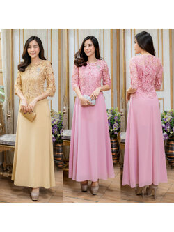 kudapy เดรสยาวสีชมพู/สีทอง ชุดราตรีออกงาน ตัวชุดบนแต่งลูกไม้เนื้อเงา ช่วงกระโปรงผ้าชีฟองเนื้อดี คอกลม แขนลูกไม้ไม่มีซับ มีชิปซ่อนหลัง