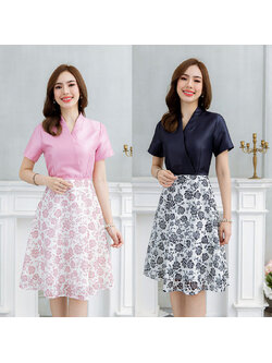 kudapy เดรสสั้นสีชมพู/สีกรม กระโปรงลายดอกสวยดูดี แขนสั้น ใส่ออกงานดูดี