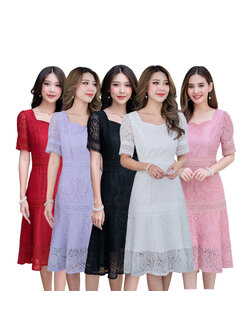 kudapy เดรสสั้นสีชมพู/สีดำ/สีแดง/สีม่วง/สีขาว เดรสผ้าลูกไม้ผ้าดีเนื้อนิ่ม ลายสวย ดีเทลแต่งลูกไม้คาดช่วงเอว และสะโพก