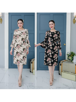 kudapy เดรสสั้นสีครีม/สีดำ แขนระบายทรงสวย เนื้อผ้าลื่นพริ้วใส่สบาย ลายกุหลาบโทนสีสวย แขนระบายมีซับด้านใน
