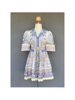 kudapy เซ็ท 2 ชิ้น เดรสสั้นแขน 4 ส่วน คอปกกระดุมหน้างานสวยพิมพ์ลาย