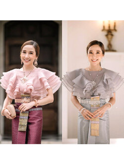 kudapy เสื้อไปงาน ผ้าแก้วคอปาดแคบสีชมพูกะปิ/สีเทา แต่งระบายช่วงแขนเป็นทรงหน้าอก V Shape ระบาย 4 ชั้นสวยหรูมากๆค่ะรุ่นนี้ ขายดีสุดๆ