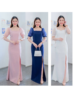 kudapy เดรสยาวออกงานสีครีมงาช้าง/เขียวพิตาชิโอ้/ชมพูอ่อน/ชมพูเข้ม/กรมท่า คอเหลี่ยม แขนตุ๊กตา ผูกโบว์ปรับขยายไซส์แขนได้ หรือ ดึงไหล่ลงแบบเปิดบ่า กระโปรงหางปลา