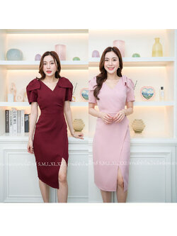 kudapy เดรสสั้นสีแดง/สีชมพู สวยออกงาน/ทำงาน เรียบหรูแต่งโบว์ไหล่ทรงเอผ่าข้าง งานไฮ มีซิปหลัง มีซับในหน้า