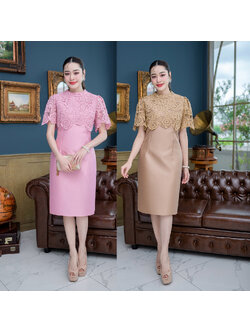 kudapy เดรสสั้นสีชมพู/สีน้ำตาล ผ้าไหม ตัวผ้าไหมญี่ปุ่นด้านในอัดกาวให้ทั้งชุด ด้านนอกเป็นสไตล์เสื้อคลุมสั้น เนื้อผ้าด้านนอกเป็นลูกไม้ลายกุหลาบทอลาย