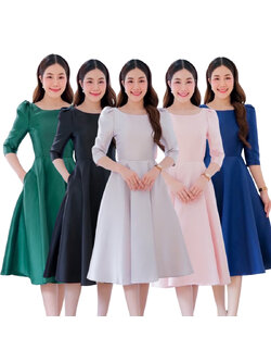 kudapy เดรสสั้นใส่ออกงานสีชมพู,สีเขียวเข้ม,สีดำ,สีน้ำเงินกรมท่า,สีเทาเงิน ทรงยกไหล่พอง แขนสาม ดีเทลจับจีบหัวไหล่