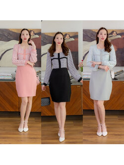 kudapy เดรสสั้นสีชมพู/สีดำ/สีเขียว ใส่ทำงานแขนยาวลายสก๊อต กระโปรงสีพื้น