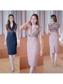 kudapy เดรสสั้นสีน้ำตาล/สีดำ ปกสูทคาดเข็มขัดสวยดูดี