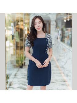 kudapy เดรสสั้นสแดง/สีชมพู/สีกรม แขนตุ็กตาอกหยักแต่งกระดุม ใส่สบายสวยดูดี