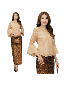 kudapy เสื้อลูกไม้แขนยาวสีทองคอกลม แขนกระดิ่งยาวสามส่วน ลูกไม้สามมิติ เอวเก็บทรงสวยมากค่ะ (เฉพาะเสื้อ)