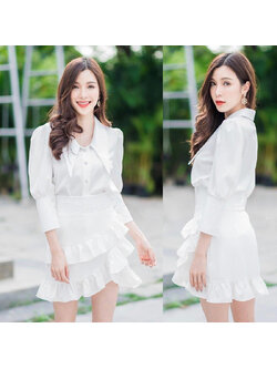 kudapy ชุดเซทเสื้อแขน3ส่วนสีขาว ดีไซน์เก๋ แต่งแขนพองนิดๆ ปลายแขนแต่งกระดุม มาพร้อมกระดุมด้านหน้าเปิดได้ทุกเม้ดค้า