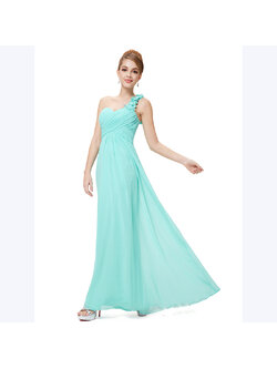 kudapy ชุดราตรียาว สีฟ้า เกาะอก ไหล่เดียว จับเดรปไขว่ช่วงหน้าอก แต่งดอกไม้ช่วงไหล่