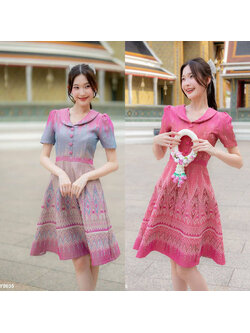 kudapy เดรสสั้นสีแดง/สีชมพู ผ้าไทยคอวีทรงบาน ใส่ออกงานสวยดูดี