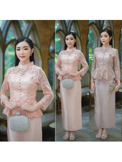 kudapy ชุดลูกไม้ใยบวบครีมน้ำตาลกะปิ / โอโรส ผ้าไหมญี่ปุ่น ผ้าหนาเงา ตัวเสื้อคอจีน