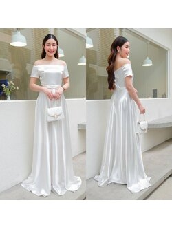 kudapy เดรสยาวสีขาว แขนสั้นจีบทิวลิป ใส่ได้สองแบบ เปิดบ่า ใส่ออกงาาน ชุดเจ้าสาว