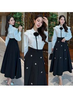 kudapy ชุดเซ็ทกระโปรงคริสตอลมาพร้อมกับเสื้อเชิ้ตและเข็มกลัดกุหลาบน่ารัก