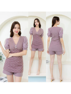 kudapy ชุดเซตเสื้อ กางเกงสีม่วง แต่งกระดุม คอวี ทรงเข้ารูป ใส่ออกงานเก๋ๆ