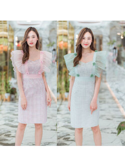 kudapy เดรสสั้นสีเขียว/สีชมพู ผ้าทวิตแขนระบาย