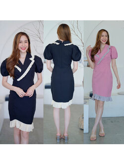 kudapy เดรสสั้นสีชมพู/สีกรม ปกสูทแต่งระบายกระดุมข้างแขนจั๊ม